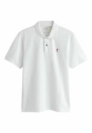 Weißes Kurzarm-Poloshirt mit Kragen, zwei Knöpfen und einer kleinen, bestickten, mehrfarbigen Blume auf der linken Brust.