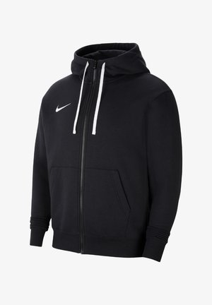 Felpa nera con cappuccio e zip completa, con lacci bianchi, tasca anteriore, polsini a coste e un piccolo logo bianco sul lato sinistro del petto.