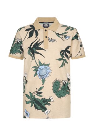 Tricou polo cu mâneci scurte, bej, cu imprimeuri de cactuși verzi închis și flori, guler bej și manșete la mâneci, cu nasturi dubli.