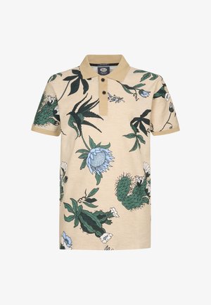 Tricou polo cu mâneci scurte, bej, cu imprimeuri de cactuși verzi închis și flori, guler bej și manșete la mâneci, cu nasturi dubli.