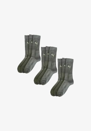 Three sets of three gray crew socks with ribbed cuffs and white Puma logo on each pair, arranged on a white background.