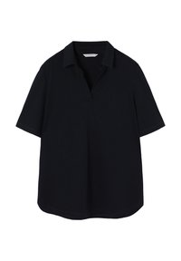 Polo shirt nera con maniche corte, un colletto stretto e un design a V. Realizzata in morbido tessuto di cotone con una consistenza liscia.