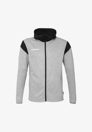 Gray hoodie with black accents, full zip, and a drawstring hood. Features a logo on the chest and contrasting shoulder panels. Soft texture.