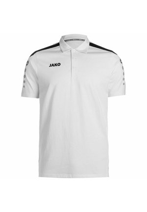 Polo bianco in cotone con design nero sulle spalle, tre bottoni al colletto e logo JAKO in nero sul petto.