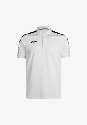 Weißes Polo-Shirt aus Baumwolle mit einem schwarzen Schulterdesign, drei Knöpfen am Kragen und einem schwarzen JAKO-Logo auf der Brust.