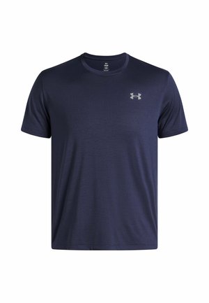 Navyblaues T-Shirt mit kurzen Ärmeln aus glattem, leichtem Stoff, mit Rundhalsausschnitt und grauem Logo auf der Brust.