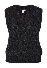 Černý a šedý pletený bezrukávový svetr s V-výstřihem a žebrovaným lemem, velikost malá, štítek viditelný uvnitř límce.