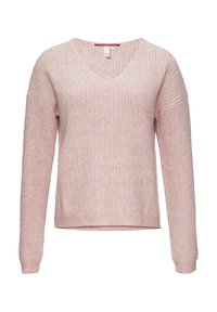 Maglione lavorato a maglia rosa chiaro con scollo a V, maniche lunghe e texture a coste. Presenta una vestibilità comoda e una lunghezza leggermente cropped.