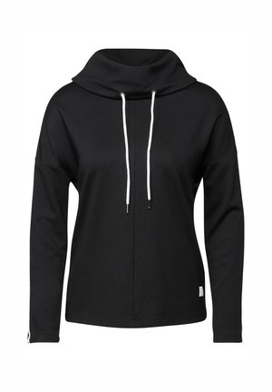 Sweatshirt à capuche noire avec une coupe ample, des manches longues, des cordons blancs et une texture douce. Design simple sans logos visibles.