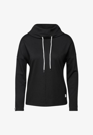 Sweatshirt à capuche noire avec une coupe ample, des manches longues, des cordons blancs et une texture douce. Design simple sans logos visibles.