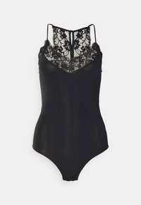Black bodysuit featuring a lace insert at the front and back, adjustable thin straps, and a smooth, fitted design.