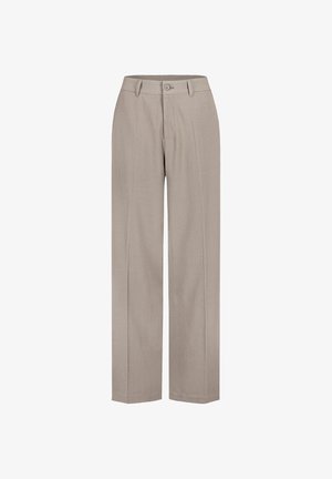 Light beige, pleated trousers with a straight leg design, made of textured fabric. Features a button closure and standard belt loops.