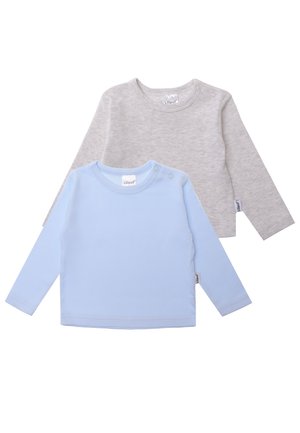 Two long-sleeve shirts: one light grey, one light blue. Both feature a round neckline and buttons on the shoulder. Made from soft fabric.