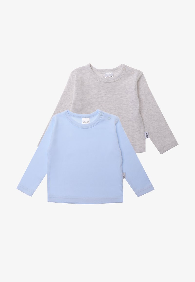 Two long-sleeve shirts: one light grey, one light blue. Both feature a round neckline and buttons on the shoulder. Made from soft fabric.