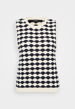 Tumesinine ja kreemjas värvitoonis ilma varrukateta kootud sveter, millel on lainekuju muster, V-kaelus ja soonikuline äär. Valmistatud pehmest, tekstureeritud kangast.