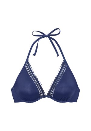 Haut de bikini bleu marine à col licou avec des bonnets triangulaires ornés d'une bordure en dentelle festonnée et une fermeture à nouer autour du cou.
