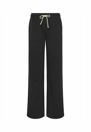 Pantaloni neri a gamba larga con vita elasticizzata e coulisse bianca, progettati per un uso casual o da tempo libero.