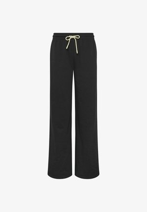 Pantaloni neri a gamba larga con vita elasticizzata e coulisse bianca, progettati per un uso casual o da tempo libero.