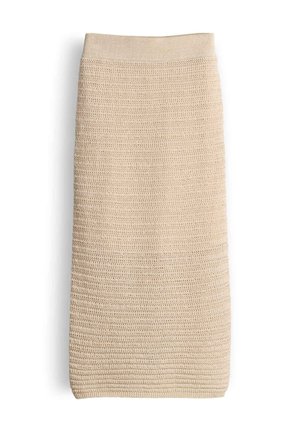 Beige knitted pencil skirt with a ribbed elastic waistband and a textured horizontal stitch pattern.