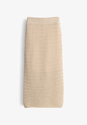 Beige knitted pencil skirt with a ribbed elastic waistband and a textured horizontal stitch pattern.