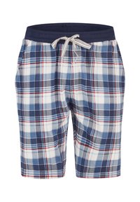 Shorts met een blauw, wit en rood ruitpatroon; elastische tailleband met koord; lichtgewicht stof; knielange ontwerp.