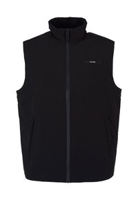 Gilet nero senza maniche con colletto alto, zip frontale e due tasche laterali. Presenta un logo Calvin Klein discreto sul petto.