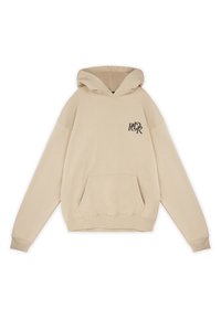 Sudadera con capucha beige hecha de tela suave. Presenta un bolsillo frontal y un logo bordado en el pecho. Corte oversized con puños acanalados.