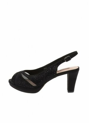 Scarpe con tacco alto nere a scomparsa con una parte superiore testurizzata e scintillante e design open toe. Presentano una fibbia regolabile e un tacco solido.