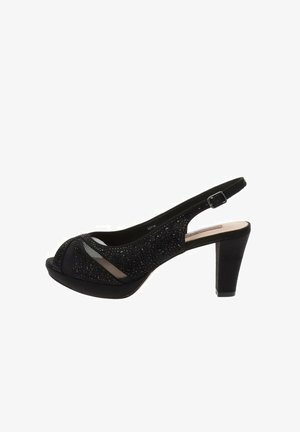 Scarpe con tacco alto nere a scomparsa con una parte superiore testurizzata e scintillante e design open toe. Presentano una fibbia regolabile e un tacco solido.