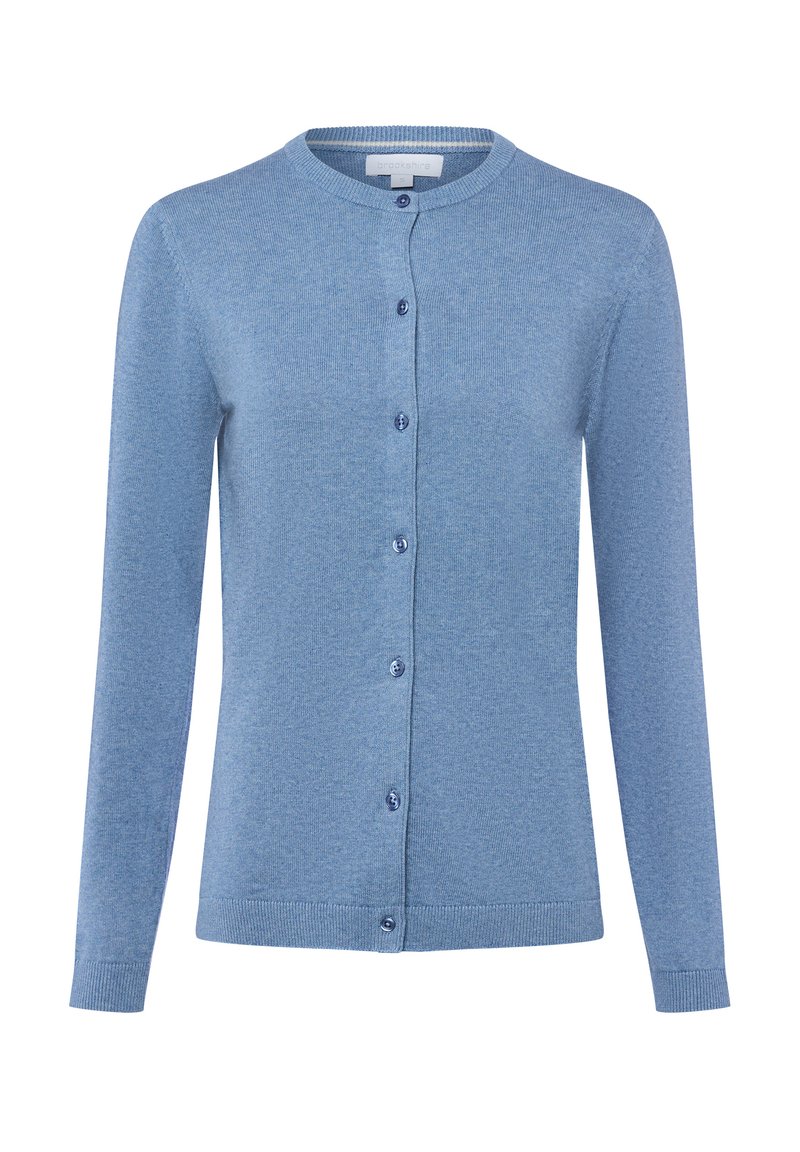 Gilet bleu clair en tricot, doté d'un col rond, de manches longues et d'une fermeture à boutons sur le devant.