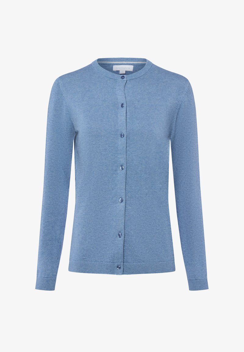 Hellblaue Strickjacke aus Strickstoff mit Rundhalsausschnitt, langen Ärmeln und Knopfverschluss auf der Vorderseite.