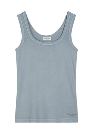 Lichtblauw tanktop van zacht materiaal, met een ronde halslijn en dunne bandjes. Subtiele stiksels en merklabel aan de onderkant.