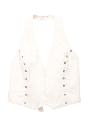 Valkoinen ilman hihoja oleva toppi, jossa on syvä V-kaula-aukko ja sivupainonapit. Valmistettu sileästä kankaasta, jossa on tiukka muotoilu ja hieman kaareva helma.