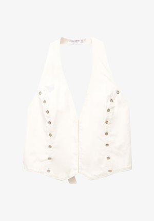 Top alb fără mâneci, cu un decolteu adânc în V și detalii cu nasturi pe lateral. Fabricat dintr-un material neted, cu un design ajustat și un tiv care se curbează ușor.