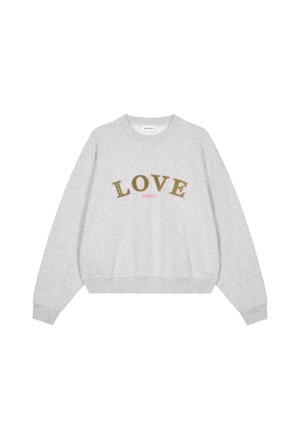 Grijze trui met een ronde hals, met "LOVE" in vetgedrukte letters en daaronder "Season" in roze. Zachte stof, losse pasvorm, geribbelde manchetten.