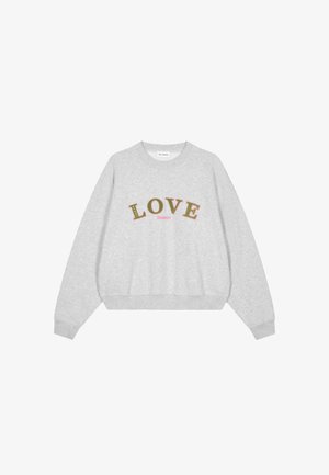 Grijze trui met een ronde hals, met "LOVE" in vetgedrukte letters en daaronder "Season" in roze. Zachte stof, losse pasvorm, geribbelde manchetten.