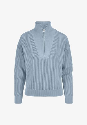 Hellblauer gerippter Strickpullover mit hohem Halb-Reißverschlusskragen und langen Ärmeln, mit einem Reißverschlussanhänger in Ringform.