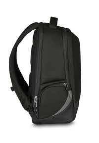 Zaino nero e verde realizzato in materiale testurizzato, dotato di molteplici scomparti, una tasca laterale con zip e uno schienale imbottito per il massimo comfort.