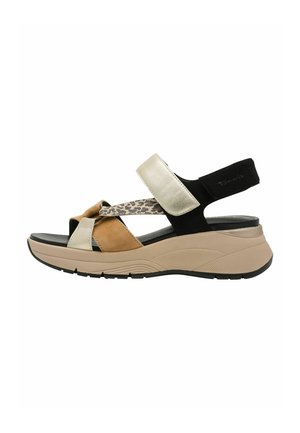 Sandaaltjes met een sleehak, voorzien van tan-, zwart- en metallic gouden panelen met een luipaardprintaccent, een gestructureerde zool en een gewatteerd voetbed.