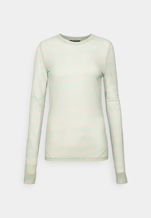 T-shirt à manches longues vert clair avec de subtils rayures horizontales. Confectionné en tissu doux, il présente un col rond et une silhouette ajustée.