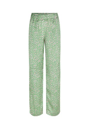 Grønne pyjamasbukser med et pink og grønt abstrakt leopardmønster. Designet inkluderer en elastisk talje og bred benklip.