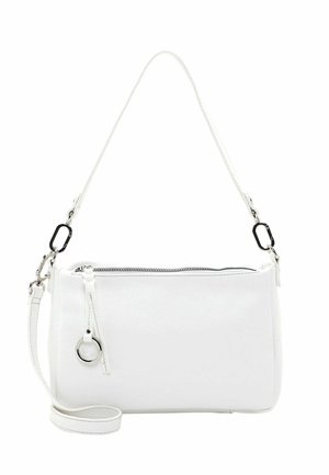 White rectangular leather shoulder bag with silver rings, zipper closure, and detachable longer strap.