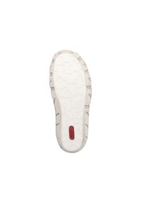 Semelle de chaussure en caoutchouc blanc avec un motif de relief texturé, arborant un logo central en rouge et des rainures sur les bords pour une meilleure adhérence.