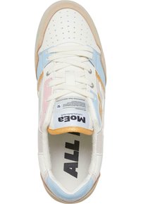 Sneakers with white leather upper, pastel blue, pink, and tan accents. Features perforated toe, flat laces, and textured insole.