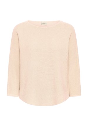 Pulover tricotat roz deschis cu decolteu rotund, mâneci trei sferturi și tiv ușor curbat. Prezintă un material texturat.