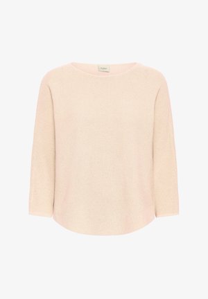 Gaiši rozā trikotāžas džemperis ar apaļu kakla izgriezumu, trīs ceturtdaļu piedurknēm un nedaudz izliektu apakšmalu. Raksturīga teksturēta auduma virsma.