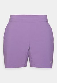 Purple athletic shorts with an elastic waistband, side pockets, and a smooth texture. Straight cut with subtle stitching details.