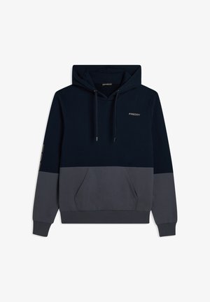 Felpa con cappuccio in blu navy e grigio, dotata di tasca frontale, coulisse e logo sul petto. Tessuto morbido con una vestibilità comoda.