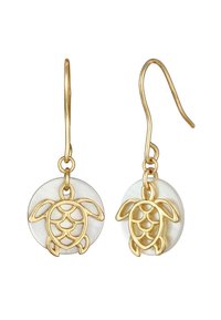 Boucles d'oreilles en design de tortue en or avec un dos en nacre blanche ronde. Présente des détails élaborés et une texture lisse.