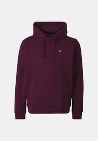 Felpa viola scuro con tasca frontale, cappuccio con cordino e piccolo logo Tommy Jeans sul petto.